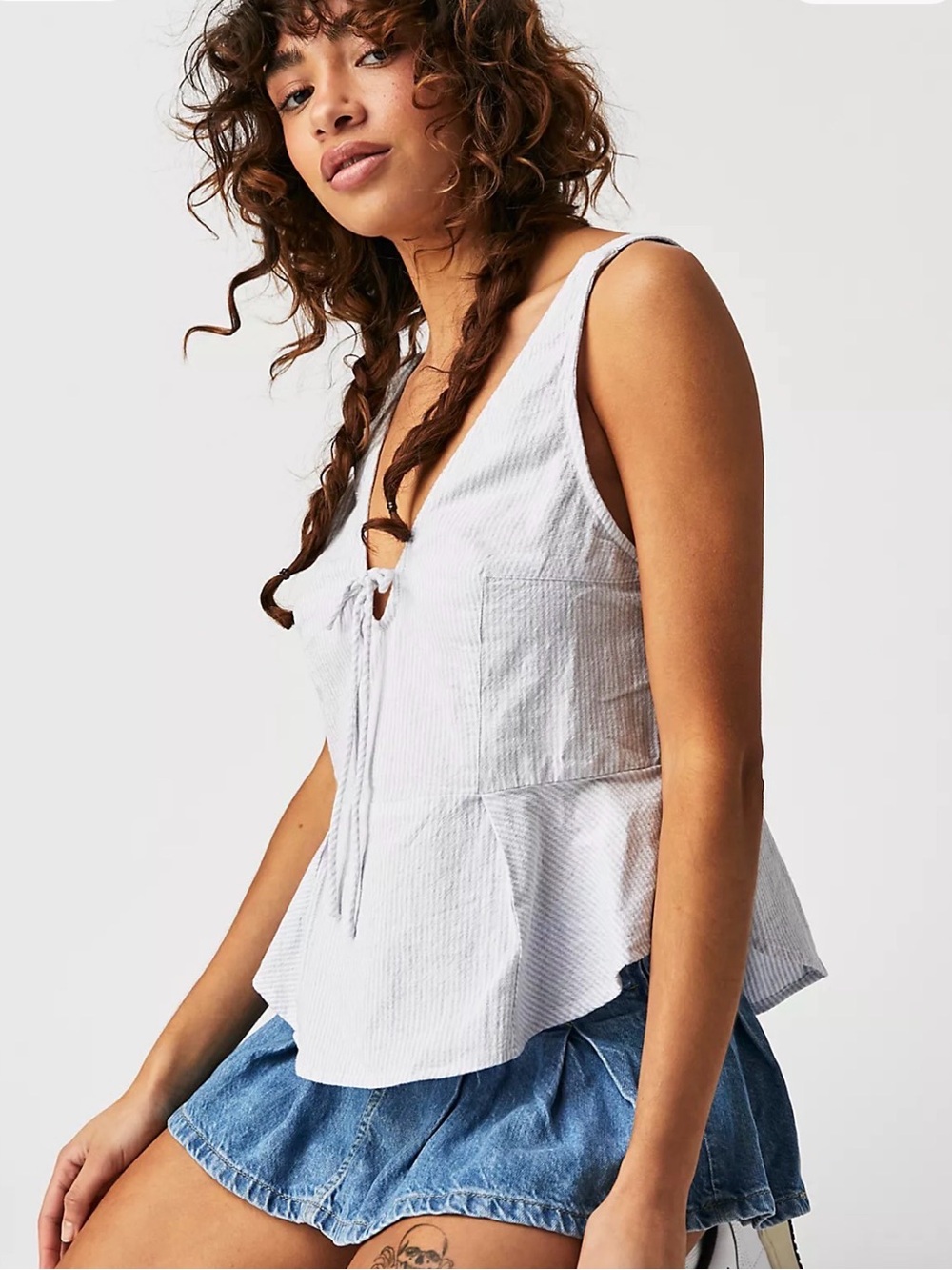 Free People M Striped Sear sucker Peplum Coastal New England Coquette Mika Tank